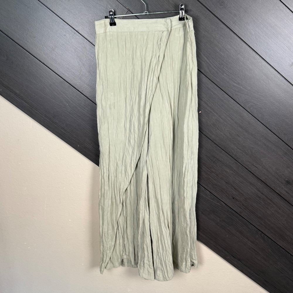 Zara Women's Medium Light Sage Tan Wrap Front Wide Leg Pants Side Zip Boho